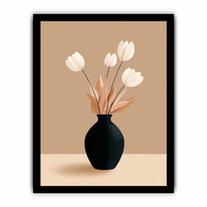 Minimalist black vase with white flowers canvas art for neutral modern bedroom decor.