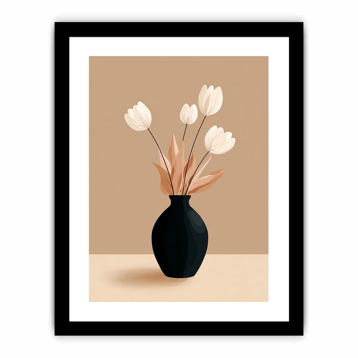 Minimalist black vase with white flowers canvas art for neutral modern bedroom decor.