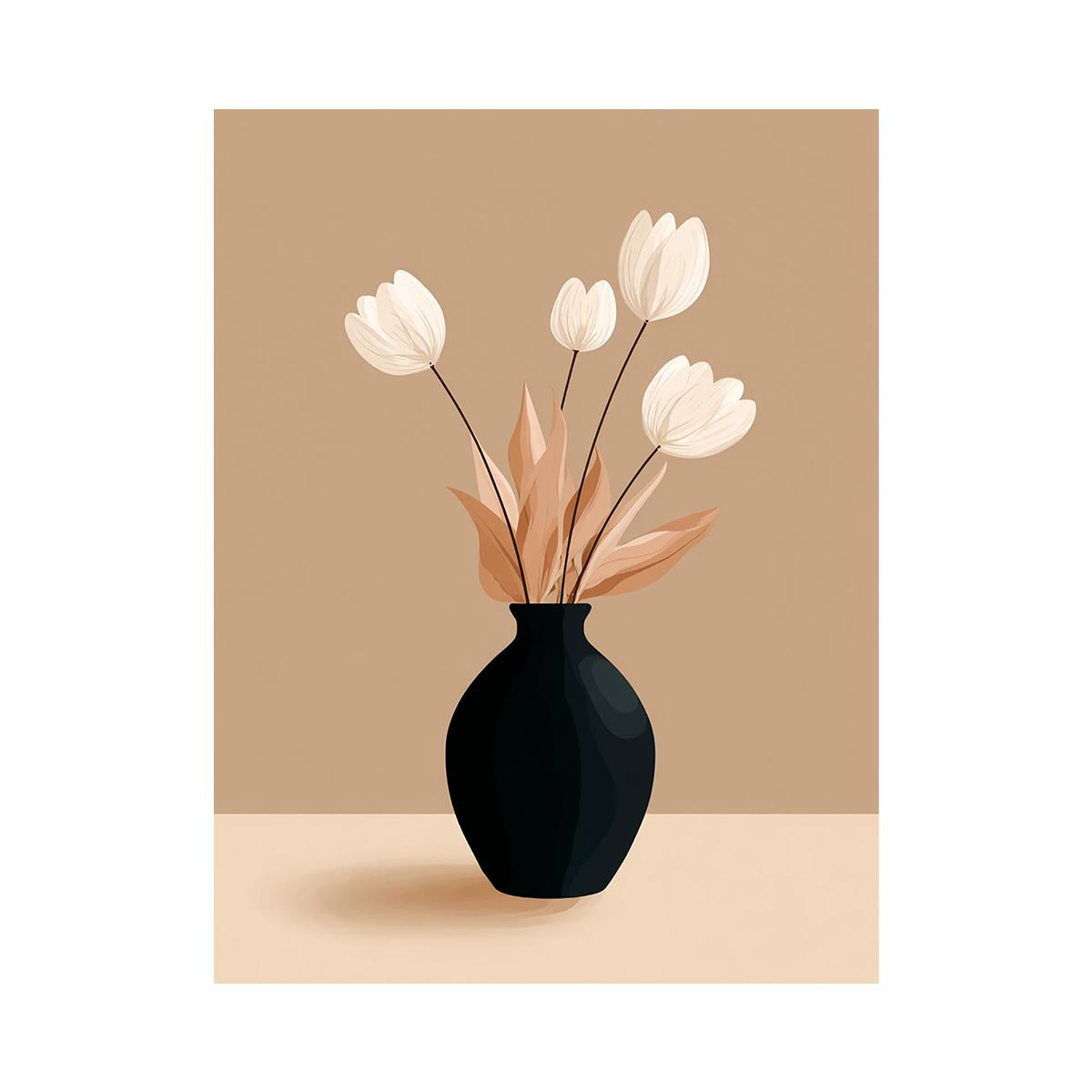 Minimalist black vase with white flowers canvas art for neutral modern bedroom decor.