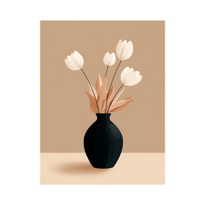 Minimalist black vase with white flowers canvas art for neutral modern bedroom decor.