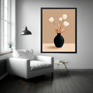 Minimalist black vase with white flowers canvas art for neutral modern bedroom decor.