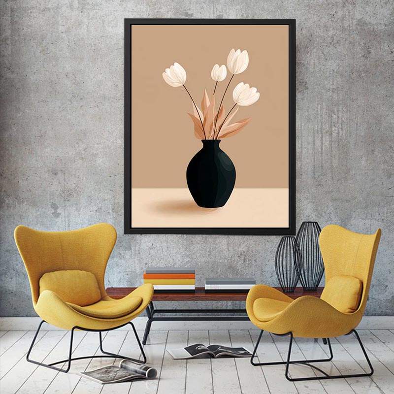 Minimalist black vase with white flowers canvas art for neutral modern bedroom decor.