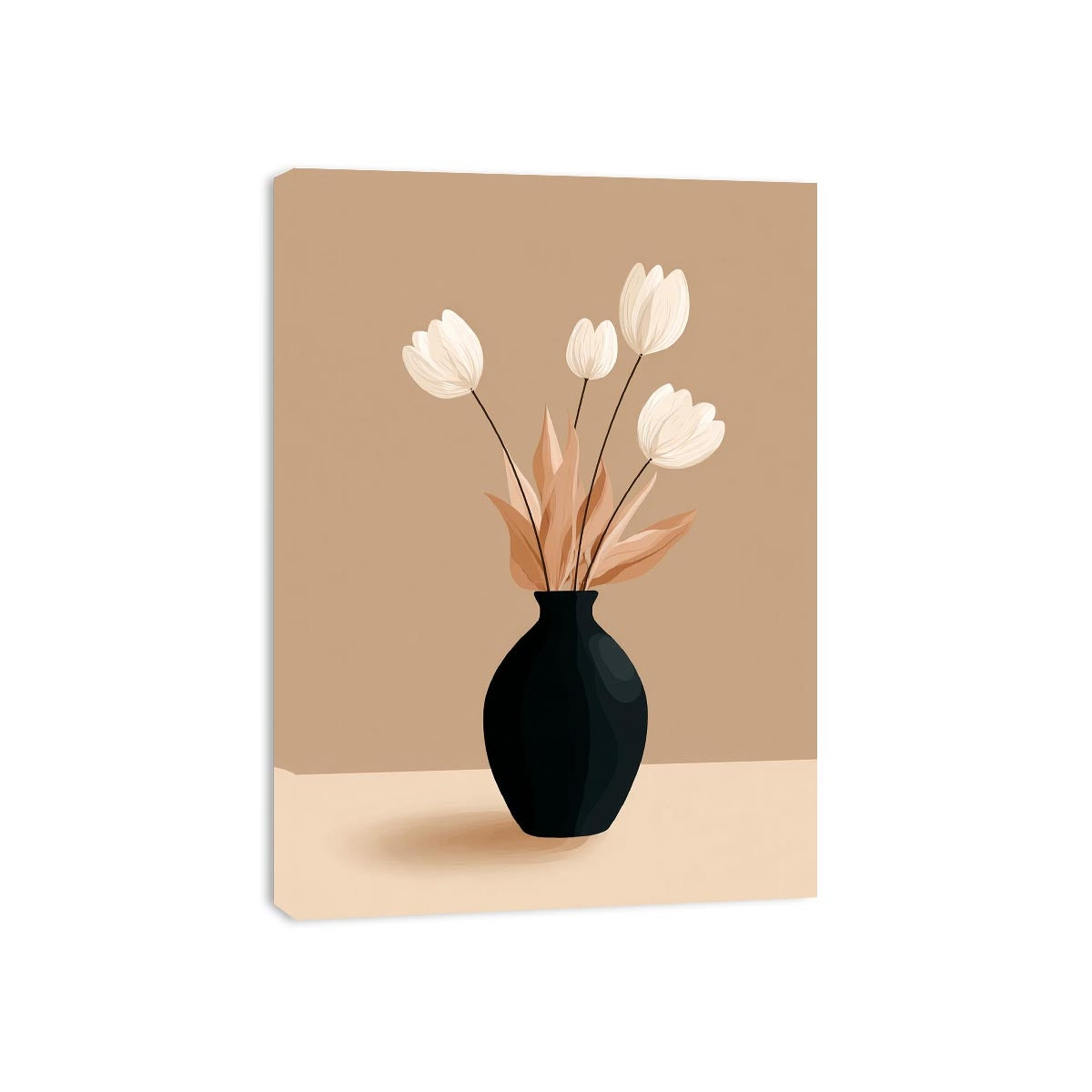 Minimalist black vase with white flowers canvas art for neutral modern bedroom decor.
