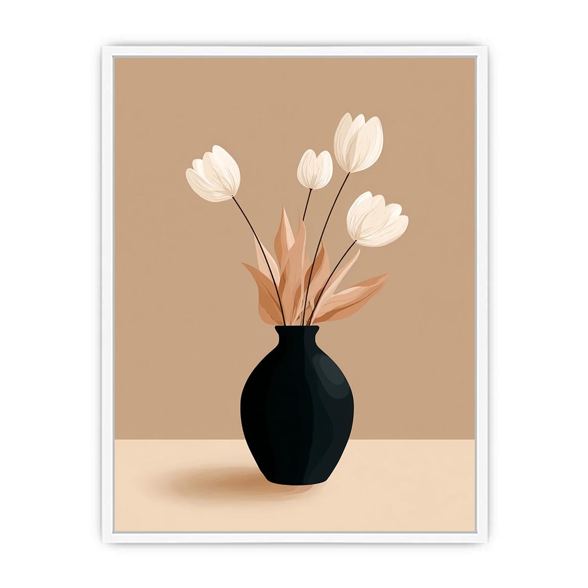 Minimalist black vase with white flowers canvas art for neutral modern bedroom decor.