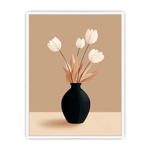 Minimalist black vase with white flowers canvas art for neutral modern bedroom decor.
