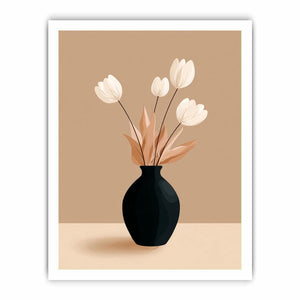 Minimalist black vase with white flowers canvas art for neutral modern bedroom decor.