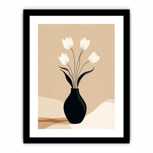 Neutral tulip vase canvas art with black vase and white flowers for calm bedroom decor.