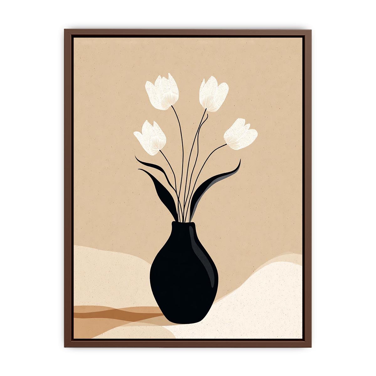 Neutral tulip vase canvas art with black vase and white flowers for calm bedroom decor.
