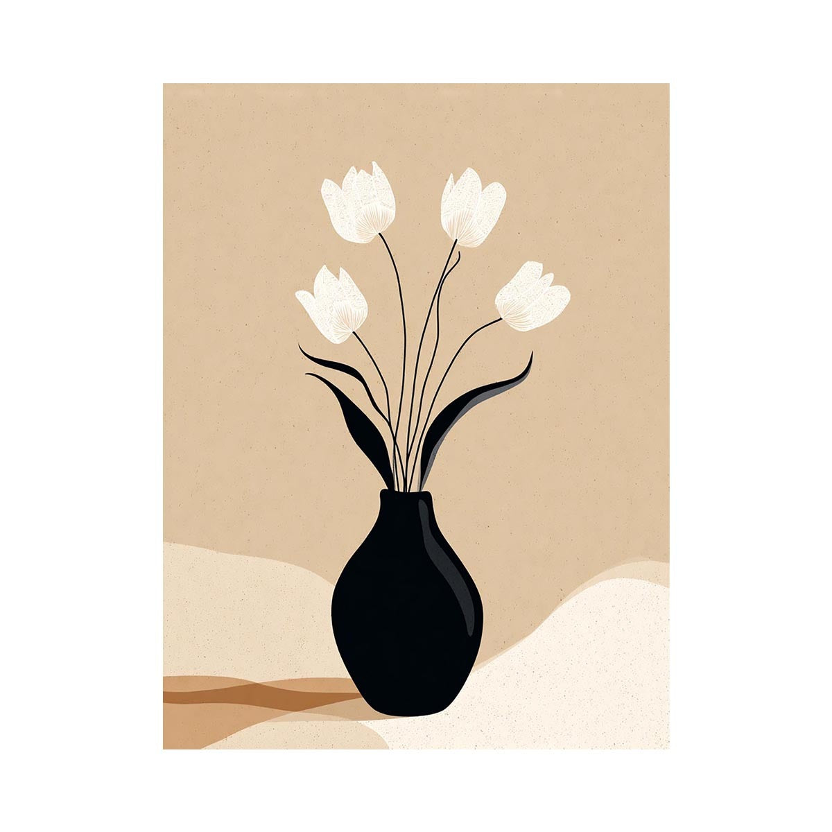 Neutral tulip vase canvas art with black vase and white flowers for calm bedroom decor.
