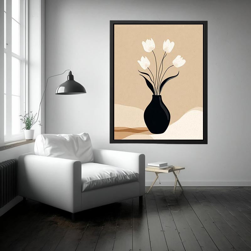 Neutral tulip vase canvas art with black vase and white flowers for calm bedroom decor.