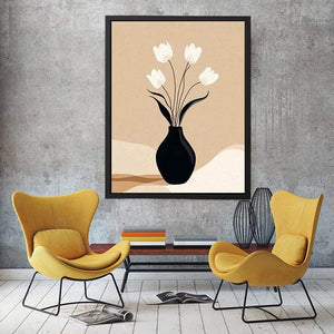Neutral tulip vase canvas art with black vase and white flowers for calm bedroom decor.