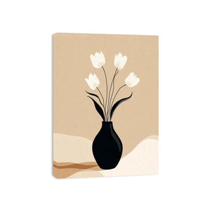 Neutral tulip vase canvas art with black vase and white flowers for calm bedroom decor.