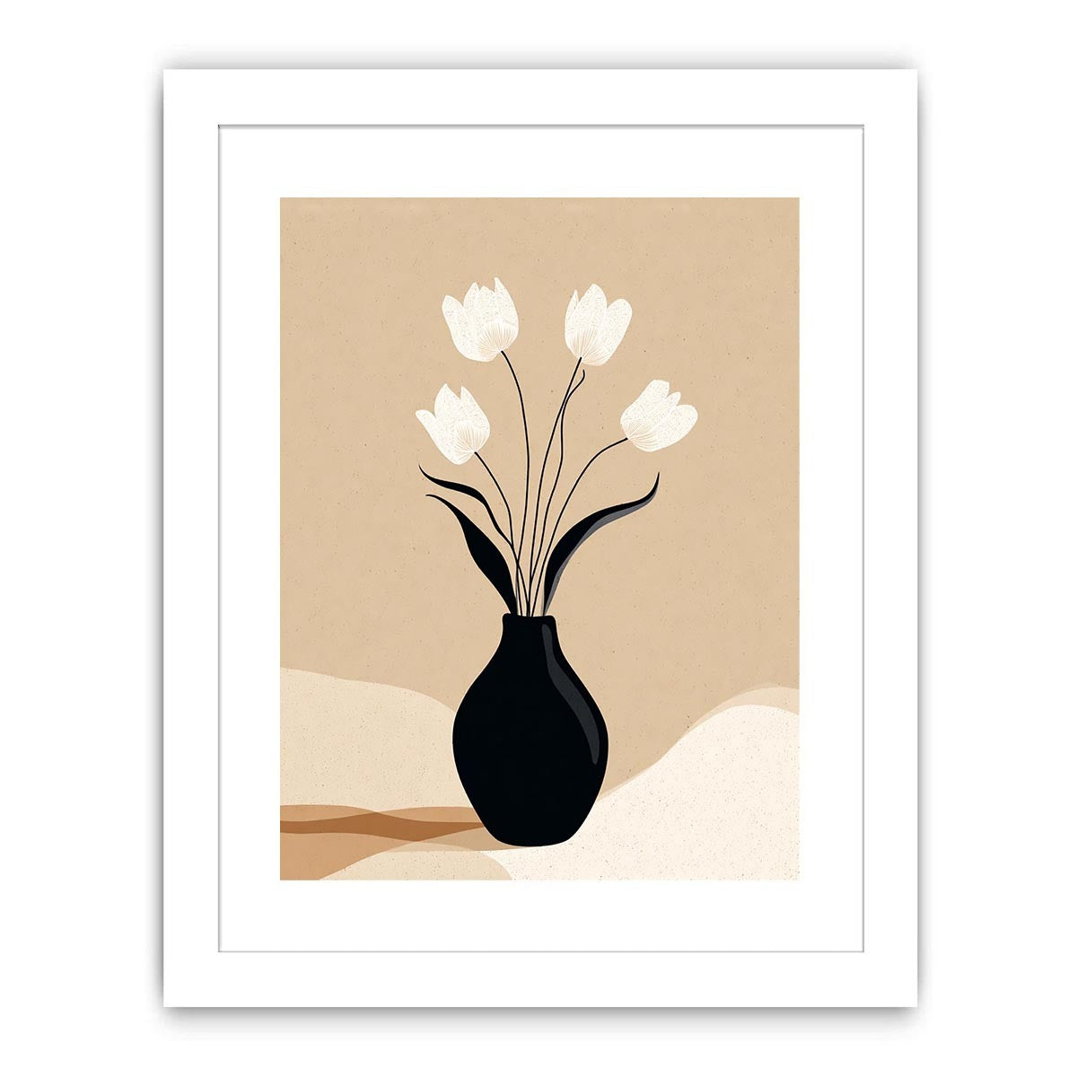 Neutral tulip vase canvas art with black vase and white flowers for calm bedroom decor.