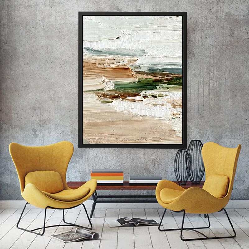 Textured coastal abstract canvas art with soft ocean and sand tones for serene bedroom decor.