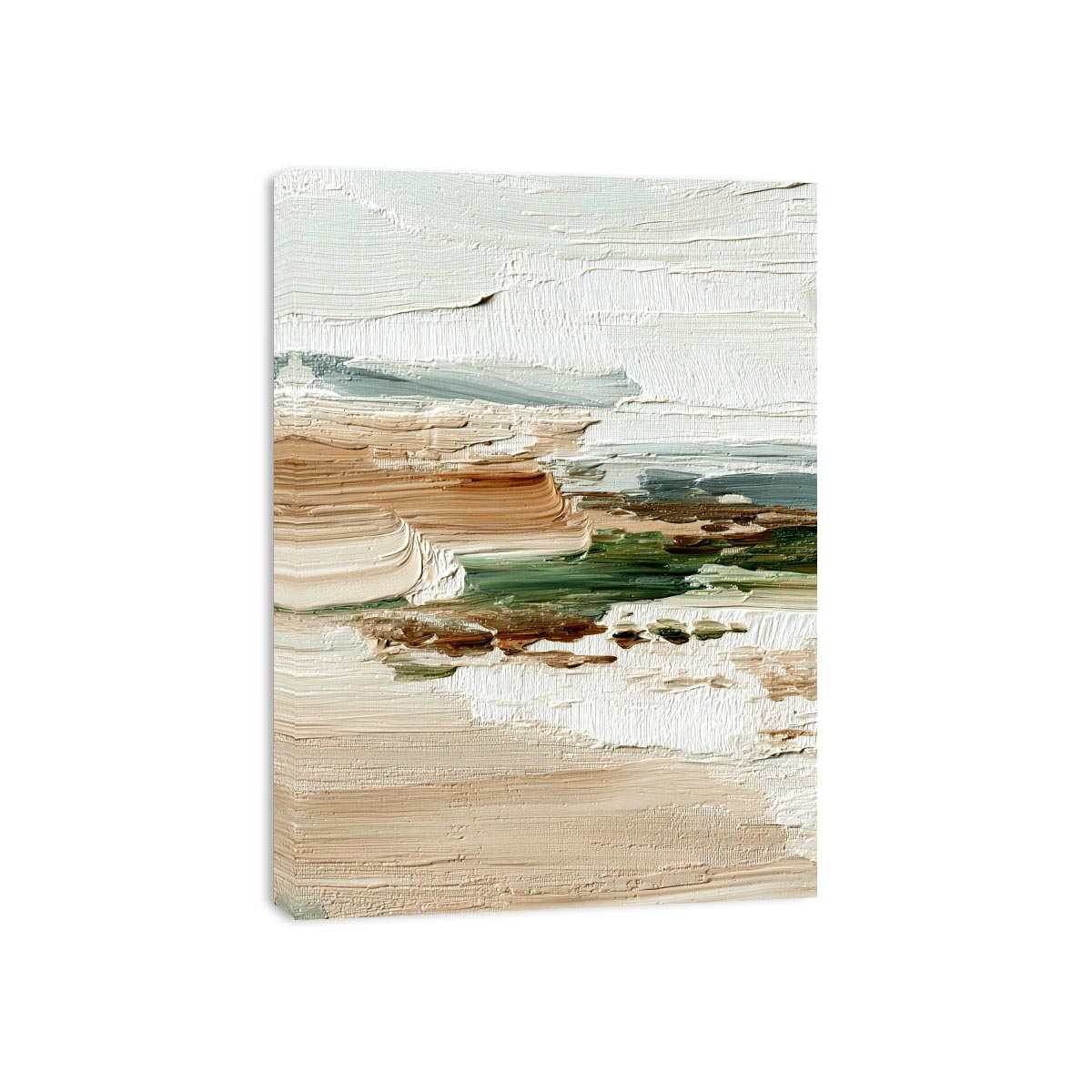 Textured coastal abstract canvas art with soft ocean and sand tones for serene bedroom decor.