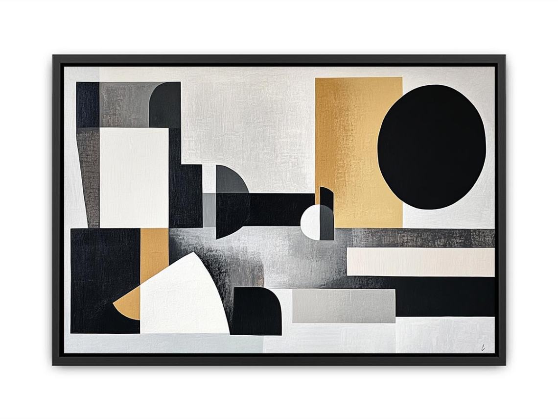 Abstract geometric black and gold canvas art for modern living room decor.