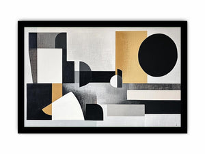 Abstract geometric black and gold canvas art for modern living room decor.