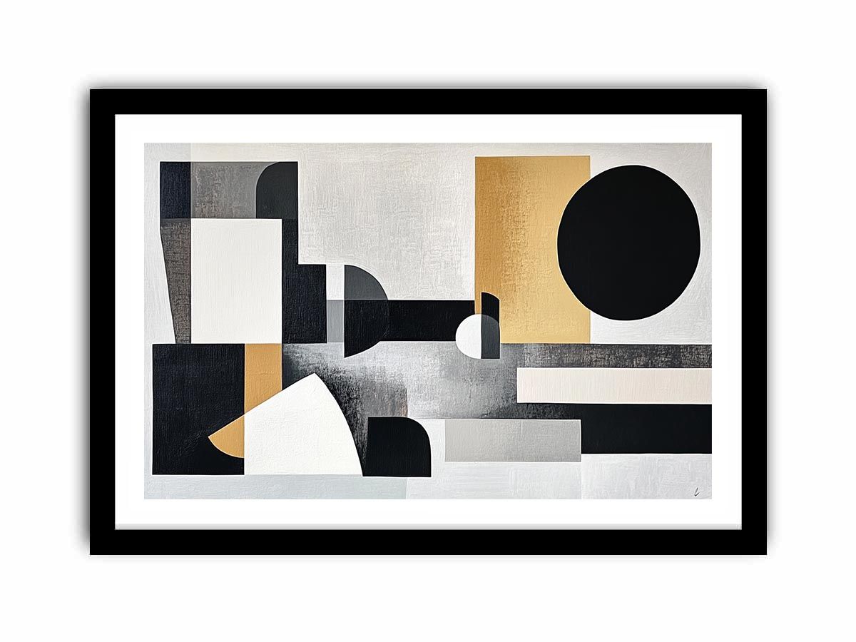 Abstract geometric black and gold canvas art for modern living room decor.