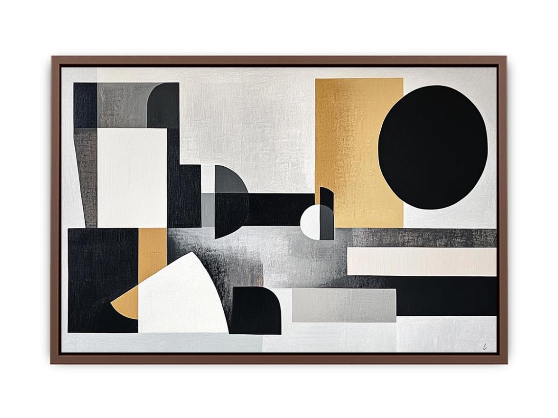 Abstract geometric black and gold canvas art for modern living room decor.