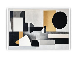 Abstract geometric black and gold canvas art for modern living room decor.