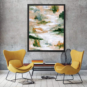 Sage green abstract canvas art with layered brushstrokes for fresh modern living room decor.