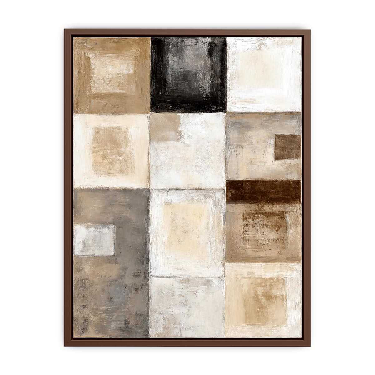 Neutral geometric abstract canvas art with textured blocks for modern office or living room decor.
