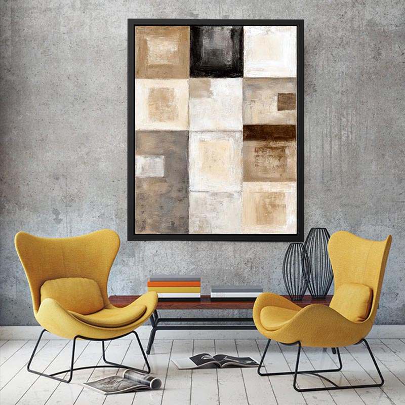 Neutral geometric abstract canvas art with textured blocks for modern office or living room decor.