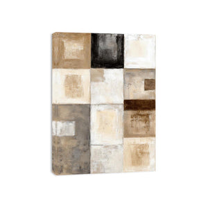 Neutral geometric abstract canvas art with textured blocks for modern office or living room decor.