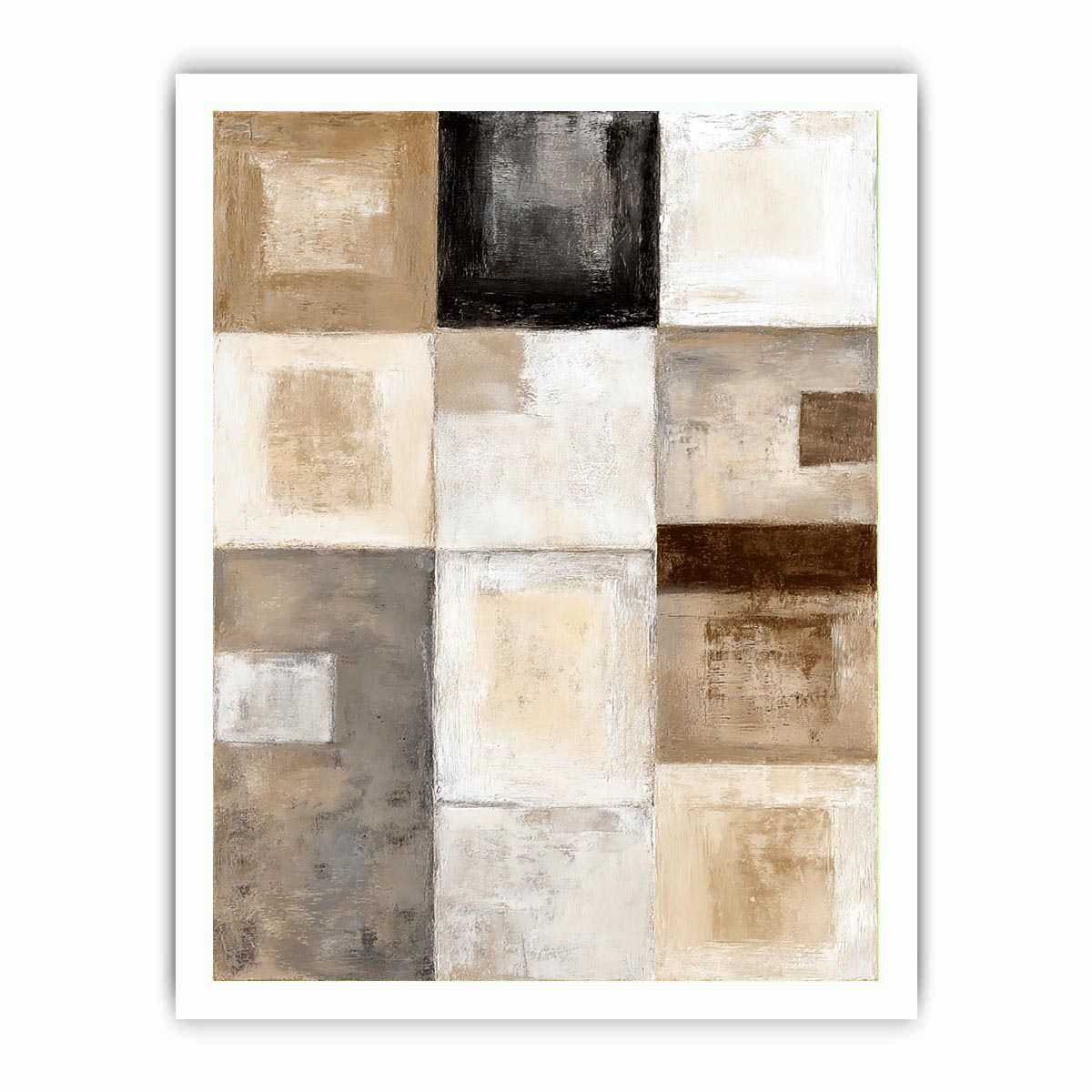 Neutral geometric abstract canvas art with textured blocks for modern office or living room decor.