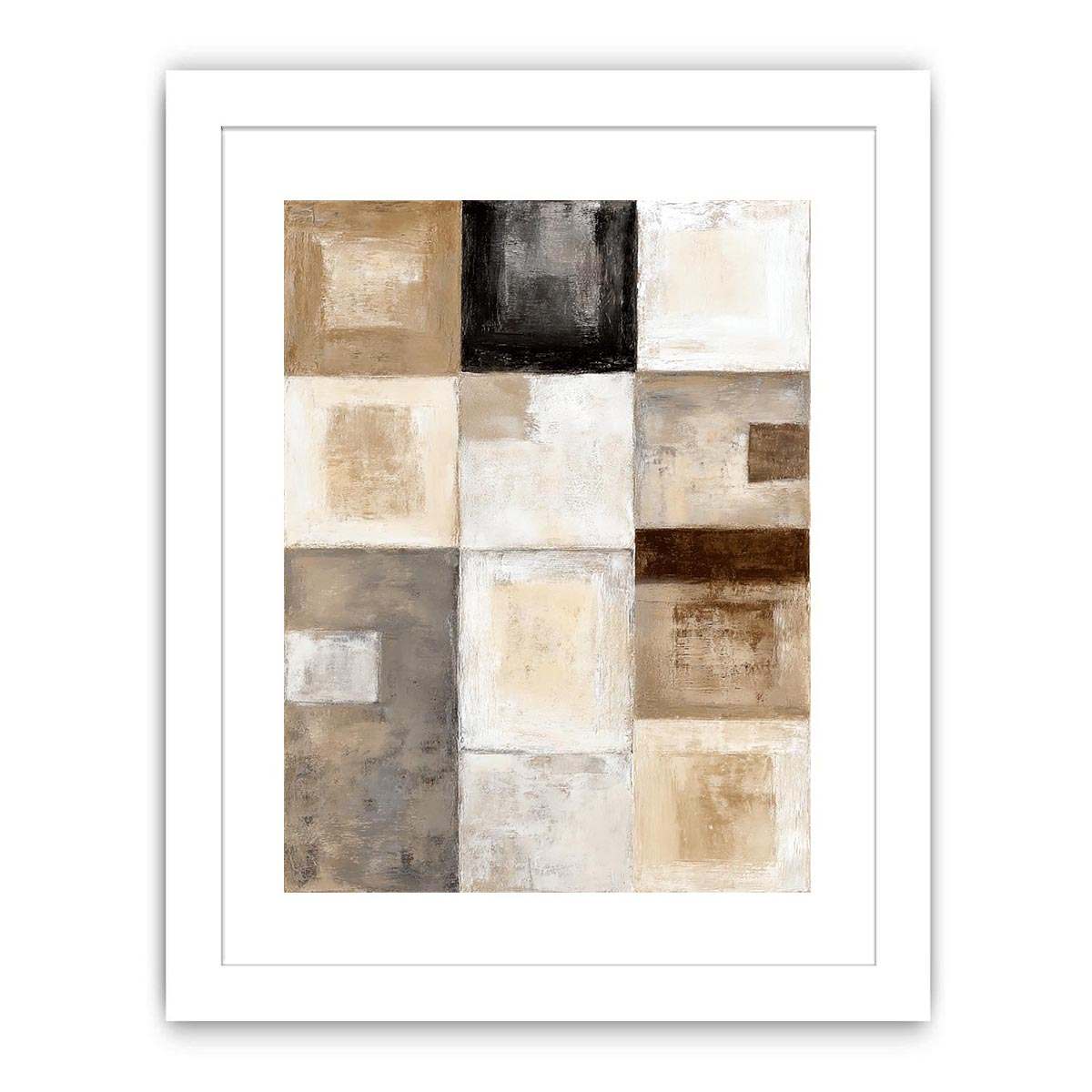 Neutral geometric abstract canvas art with textured blocks for modern office or living room decor.