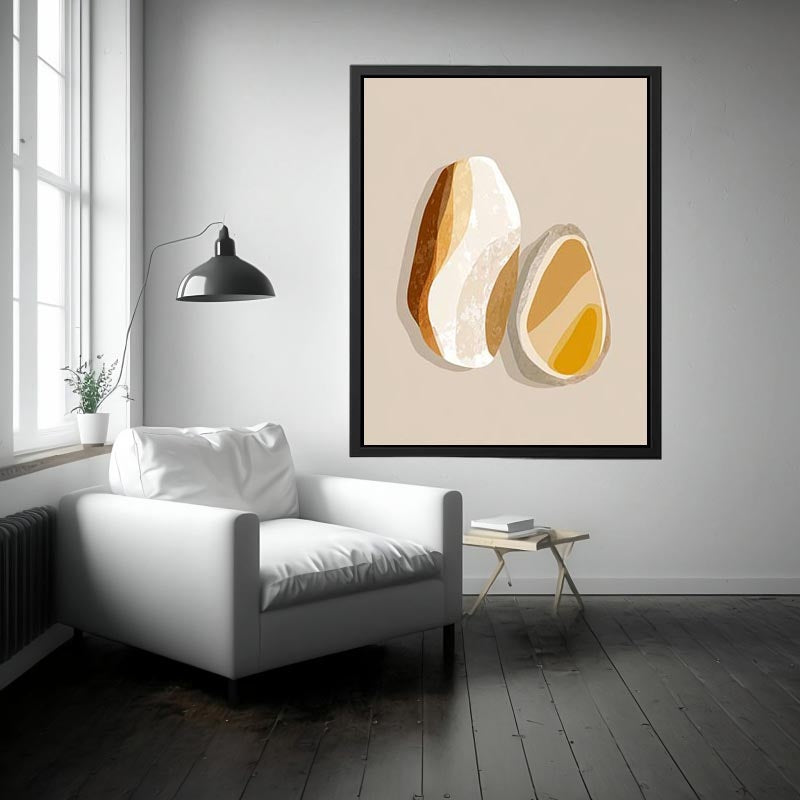 Warm abstract stone canvas art with ochre and cream shapes for modern neutral room decor.