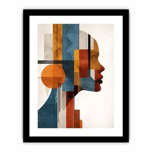 Bold cubist woman profile canvas art with teal and orange geometry for modern living room decor.