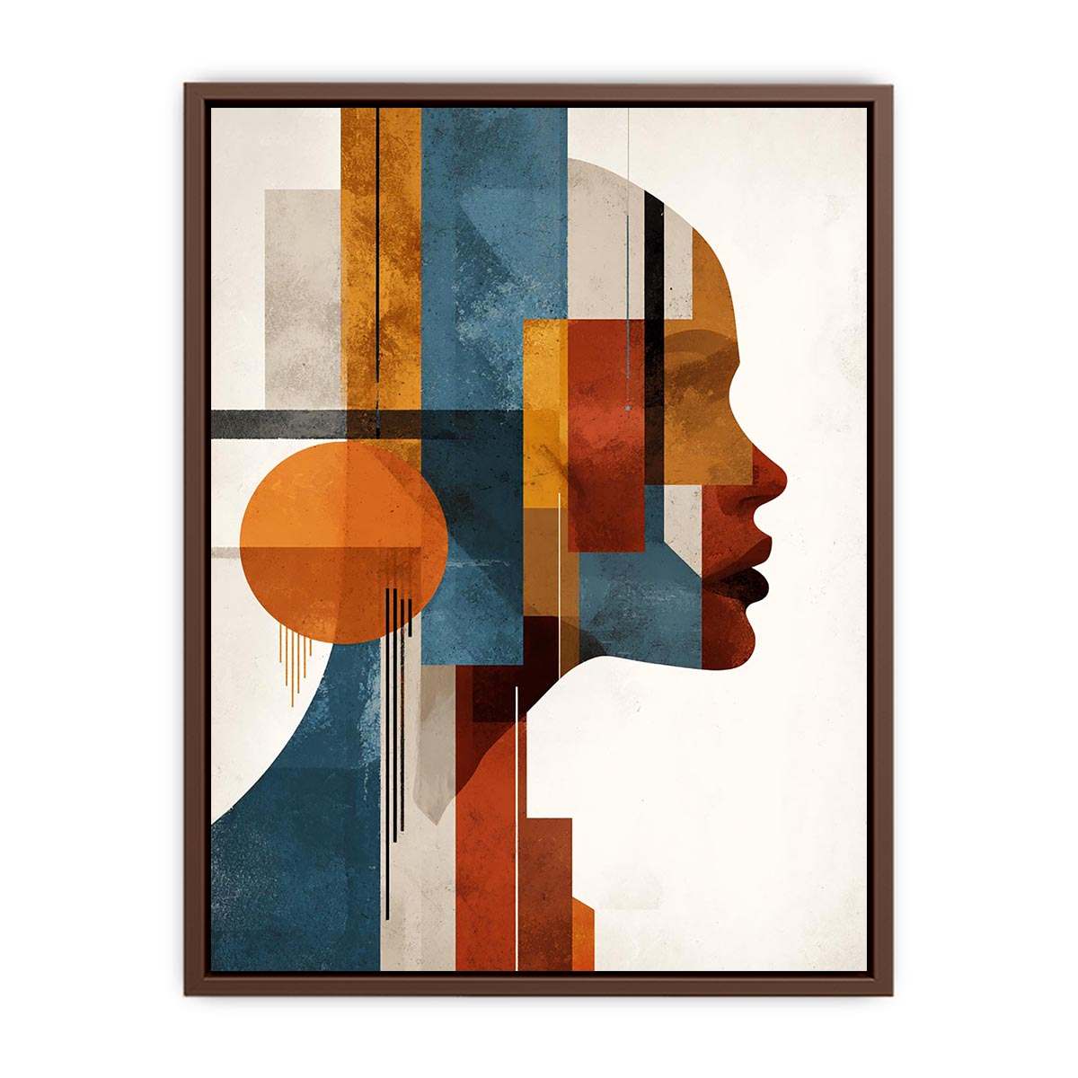 Bold cubist woman profile canvas art with teal and orange geometry for modern living room decor.
