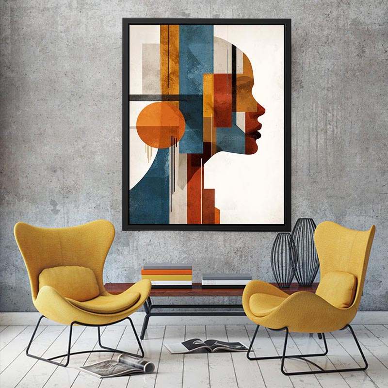 Bold cubist woman profile canvas art with teal and orange geometry for modern living room decor.