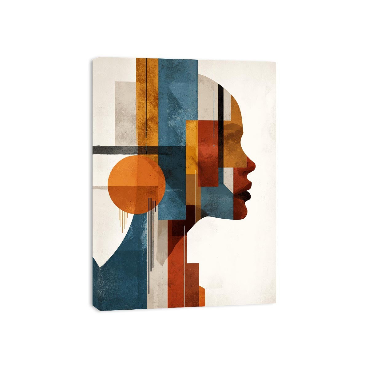 Bold cubist woman profile canvas art with teal and orange geometry for modern living room decor.