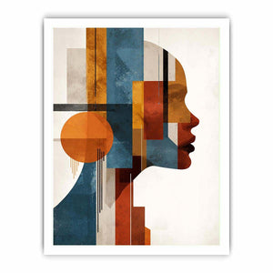 Bold cubist woman profile canvas art with teal and orange geometry for modern living room decor.
