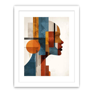 Bold cubist woman profile canvas art with teal and orange geometry for modern living room decor.