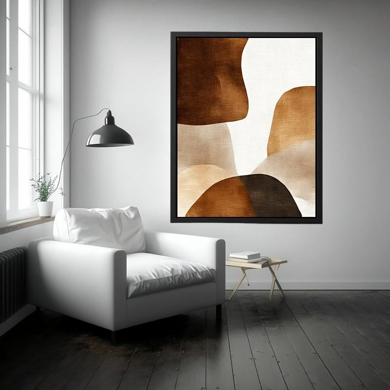 Earthy neutral abstract canvas art with layered brown organic shapes for modern bedroom decor.