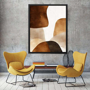 Earthy neutral abstract canvas art with layered brown organic shapes for modern bedroom decor.