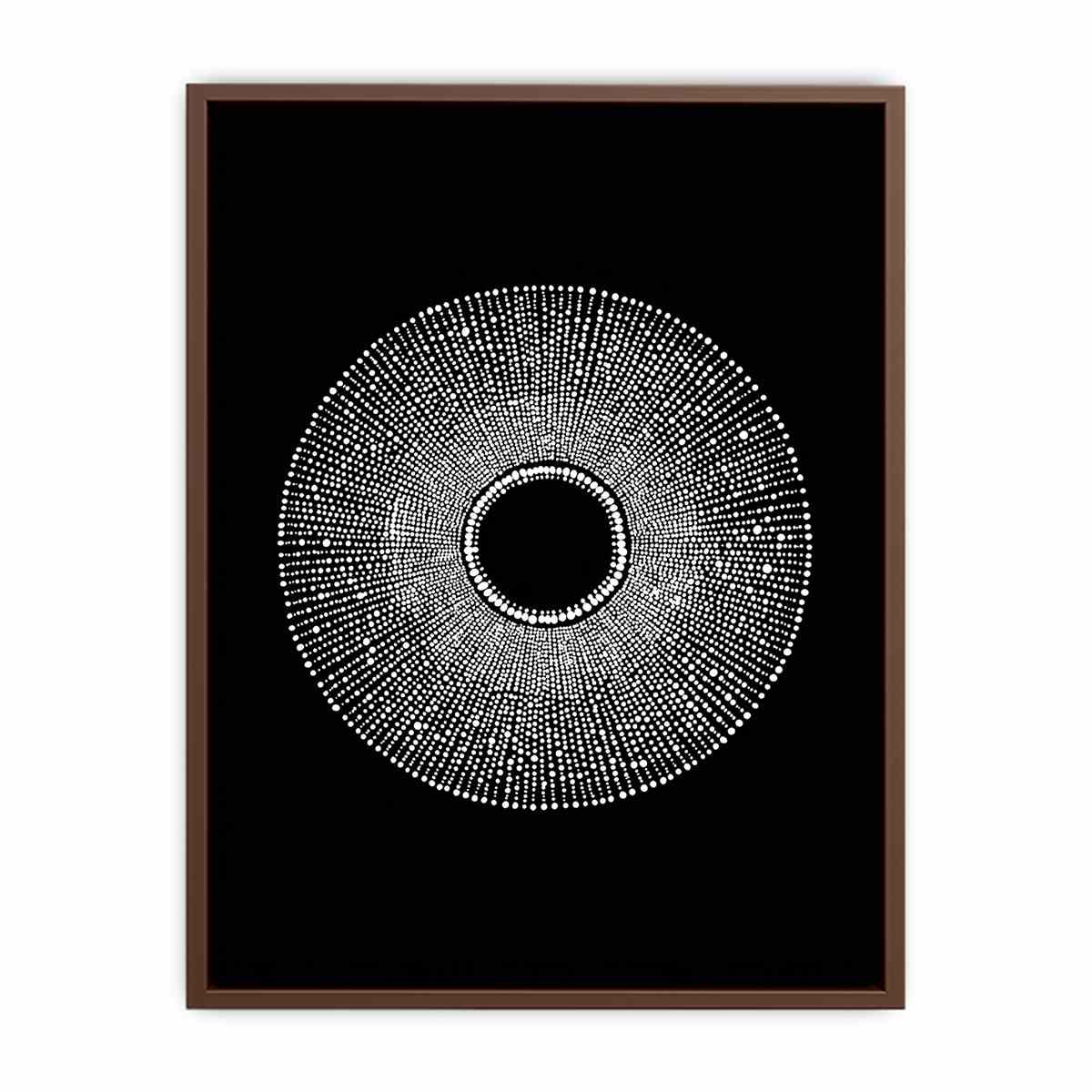 Black and white circular dot abstract canvas art for modern living room decor.