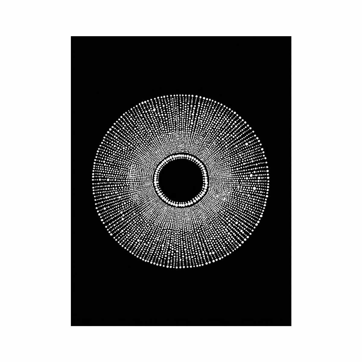 Black and white circular dot abstract canvas art for modern living room decor.
