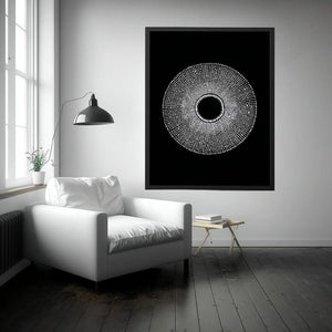 Black and white circular dot abstract canvas art for modern living room decor.