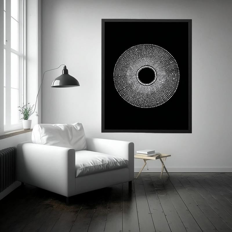 Black and white circular dot abstract canvas art for modern living room decor.