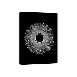 Black and white circular dot abstract canvas art for modern living room decor.