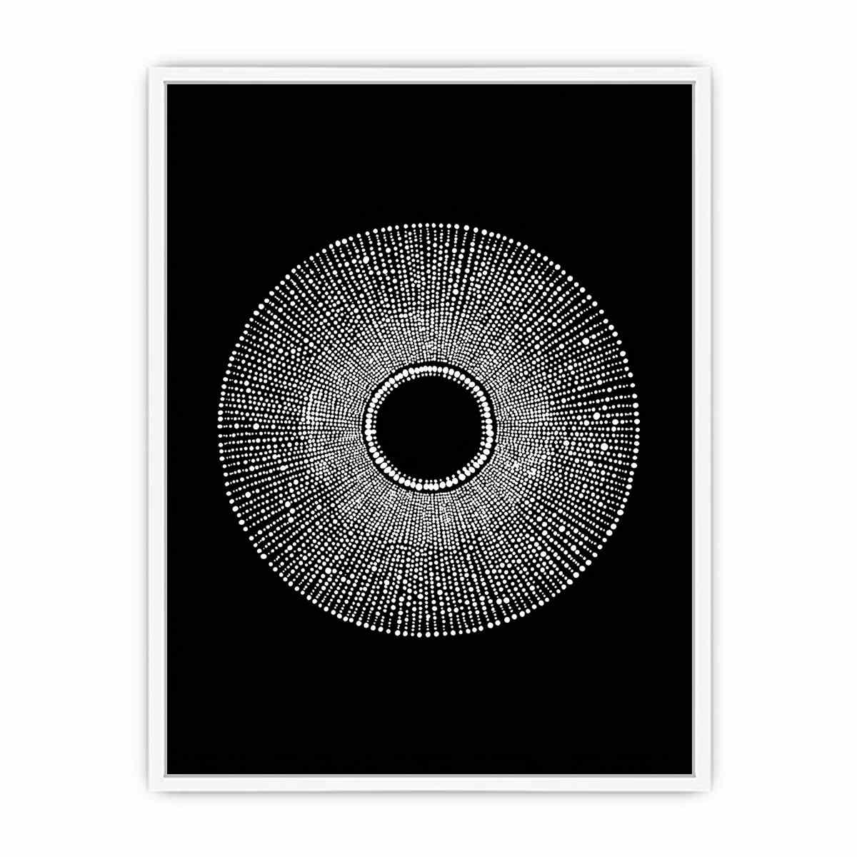 Black and white circular dot abstract canvas art for modern living room decor.