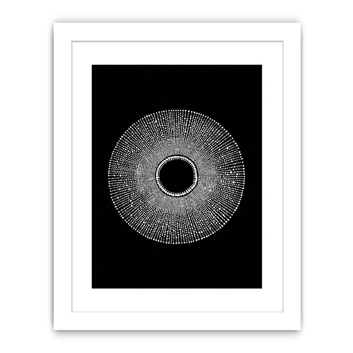 Black and white circular dot abstract canvas art for modern living room decor.