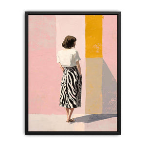 Fashion woman canvas art with pink wall and yellow panel for stylish bedroom decor.