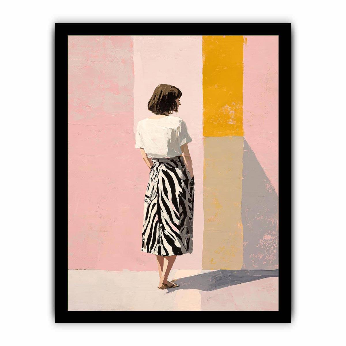 Fashion woman canvas art with pink wall and yellow panel for stylish bedroom decor.