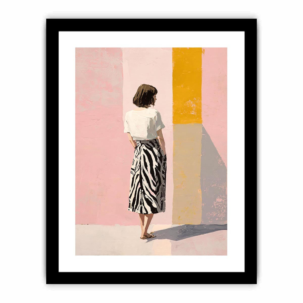 Fashion woman canvas art with pink wall and yellow panel for stylish bedroom decor.