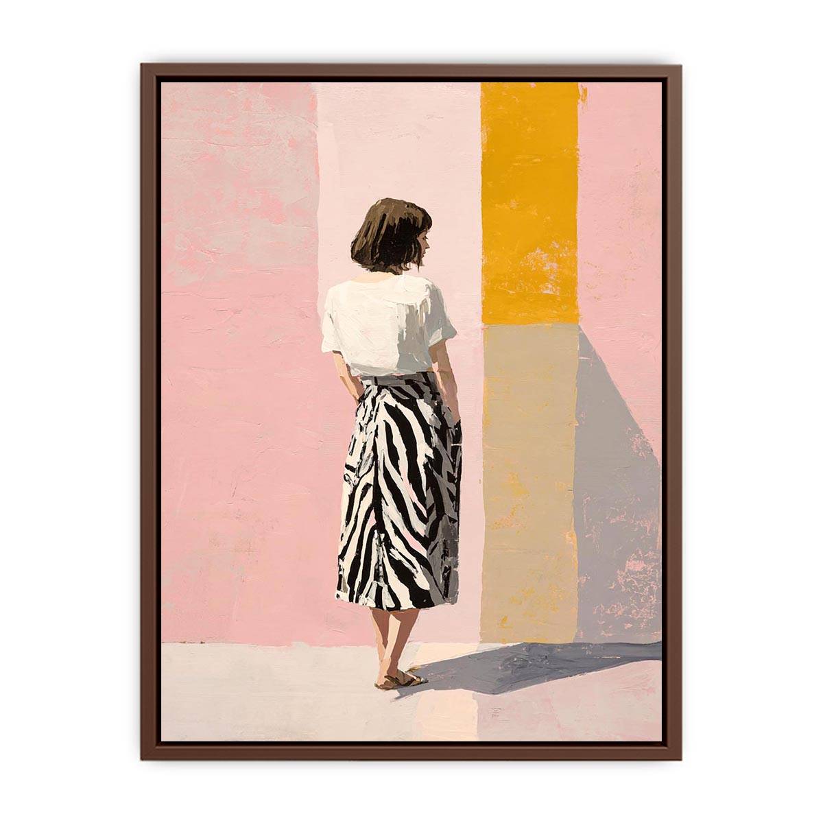 Fashion woman canvas art with pink wall and yellow panel for stylish bedroom decor.